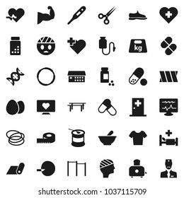 Flat vector icon set - toaster vector, egg, measuring, pills vial, horizontal bar, muscule hand, snickers, t shirt, sports nutrition, fitness mat, heart monitor, cross, hoop, weight, pulse, dna