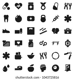 Flat vector icon set - toaster vector, diet, measuring, scales, hand trainer, horizontal bar, fitball, snickers, boxing glove, medal, pills, heart monitor, stairways run, fitness mat, first aid kit
