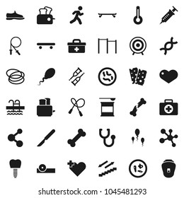 Flat vector icon set - toaster vector, jump rope, horizontal bar, snickers, skateboard, target, sports nutrition, molecule, stairways run, breads, pool, first aid kit, bone, hoop, heart, doctor bag