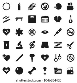 Flat vector icon set - toaster vector, microscope, measuring, scales, heart pulse, horizontal bar, punching bag, fitball, boxing glove, shorts, target, enegry drink, calendar, stairways run, cereals