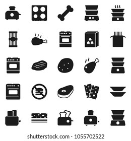 Flat vector icon set - toaster vector, oven, double boiler, plates, cereal, pasta, potato, steak, chicken leg, breads, no fastfood, bone
