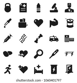 Flat vector icon set - toaster vector, potato, microscope, horizontal bar, muscule hand, sports nutrition, enegry drink, water bottle, run, weight, heart, pulse, cross, doctor, thermometer, syringe