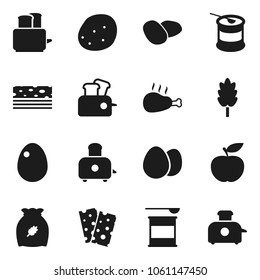 Flat vector icon set - toaster vector, cereal, egg, potato, chicken leg, diet, sports nutrition, breads