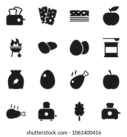 Flat vector icon set - toaster vector, bbq, cereal, egg, potato, chicken leg, diet, sports nutrition, breads