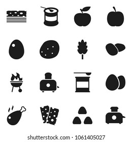 Flat vector icon set - toaster vector, bbq, cereal, egg, potato, chicken leg, diet, sports nutrition, breads