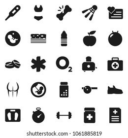 Flat vector icon set - toaster vector, diet, barbell, scales, stopwatch, pills vial, fitball, buttocks, snickers, swimsuite, water bottle, breads, shuttlecock, heart monitor, first aid kit, oxygen