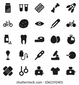 Flat vector icon set - toaster vector, egg, potato, microscope, measuring, stopwatch, pills vial, bike, punching bag, t shirt, shuttlecock, gymnast rings, thermometer, eye, insemination, broken bone