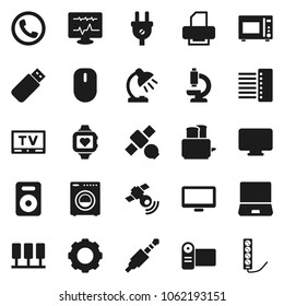 Flat vector icon set - toaster vector, microwave oven, table lamp, heart monitor, satellite, satellitie, tv, notebook pc, speaker, jack, microscope, diagnostic, server, gear, hub, washer, phone, usb