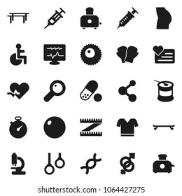 Flat vector icon set - toaster vector, measuring, stopwatch, horizontal bar, exercise ball, buttocks, boxing glove, t shirt, skateboard, pills, sports nutrition, molecule, heart monitor, gymnast rings