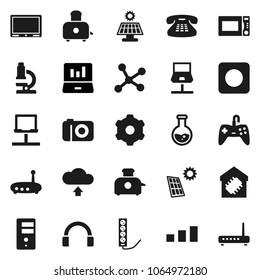 Flat vector icon set - toaster vector, microwave oven, microscope, flask, laptop graph, sorting, headphones, classic phone, rec button, network, notebook, server, gear, router, cloud upload, camera