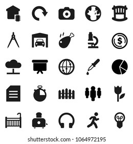 Flat vector icon set - toaster vector, chicken leg, drawing compass, microscope, world, document, dollar coin, pie graph, man, presentation board, stopwatch, run, tulip, camera, internet, headphones