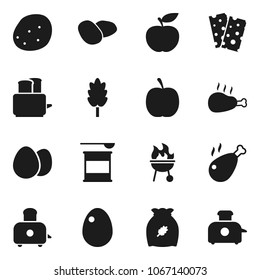 Flat vector icon set - toaster vector, bbq, cereal, egg, potato, chicken leg, diet, sports nutrition, breads