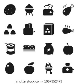 Flat vector icon set - toaster vector, bbq, cereal, egg, potato, chicken leg, diet, sports nutrition, breads