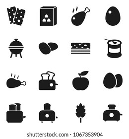 Flat vector icon set - toaster vector, bbq, cereal, egg, potato, chicken leg, diet, sports nutrition, breads