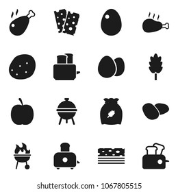 Flat vector icon set - toaster vector, bbq, cereal, egg, potato, chicken leg, diet, breads