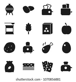Flat vector icon set - toaster vector, bbq, cereal, egg, potato, chicken leg, diet, sports nutrition, breads