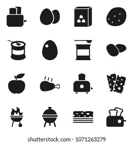 Flat vector icon set - toaster vector, bbq, cereal, egg, potato, chicken leg, diet, sports nutrition, breads