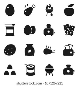 Flat vector icon set - toaster vector, bbq, cereal, egg, potato, chicken leg, diet, sports nutrition, breads