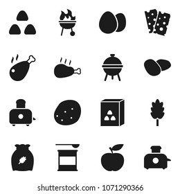 Flat vector icon set - toaster vector, bbq, cereal, egg, potato, chicken leg, diet, sports nutrition, breads