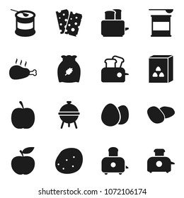 Flat vector icon set - toaster vector, bbq, cereal, egg, potato, chicken leg, diet, sports nutrition, breads