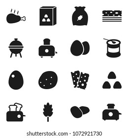 Flat vector icon set - toaster vector, bbq, cereal, egg, potato, chicken leg, sports nutrition, breads