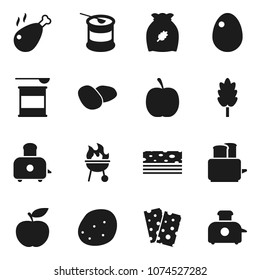 Flat vector icon set - toaster vector, bbq, cereal, egg, potato, chicken leg, diet, sports nutrition, breads
