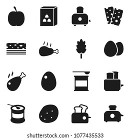 Flat vector icon set - toaster vector, cereal, egg, potato, chicken leg, diet, sports nutrition, breads