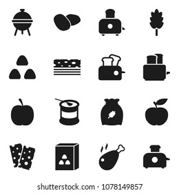 Flat vector icon set - toaster vector, bbq, cereal, potato, chicken leg, diet, sports nutrition, breads