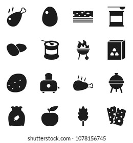 Flat vector icon set - toaster vector, bbq, cereal, egg, potato, chicken leg, diet, sports nutrition, breads