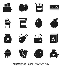 Flat vector icon set - toaster vector, bbq, cereal, egg, potato, chicken leg, diet, sports nutrition, breads
