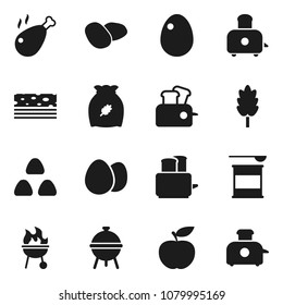 Flat vector icon set - toaster vector, bbq, cereal, egg, potato, chicken leg, diet, sports nutrition, breads