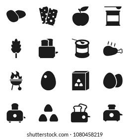Flat vector icon set - toaster vector, bbq, cereal, egg, potato, chicken leg, diet, sports nutrition, breads
