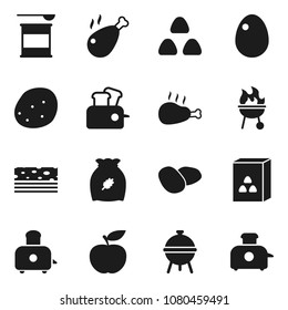 Flat vector icon set - toaster vector, bbq, cereal, egg, potato, chicken leg, diet, sports nutrition, breads