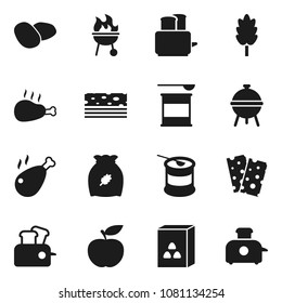 Flat vector icon set - toaster vector, bbq, cereal, potato, chicken leg, diet, sports nutrition, breads