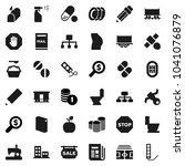 Flat vector icon set - toilet vector, washing powder, sprayer, plates, pencil, apple fruit, coin stack, money search, hierarchy, stadium, buttocks, pills, Railway carriage, satellite, truck trailer