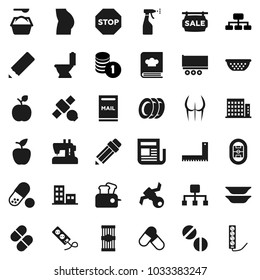 Flat vector icon set - toilet vector, washing powder, sprayer, plates, colander, cookbook, pasta, pencil, corner ruler, apple fruit, coin stack, hierarchy, buttocks, pills, stadium, satellite, stop