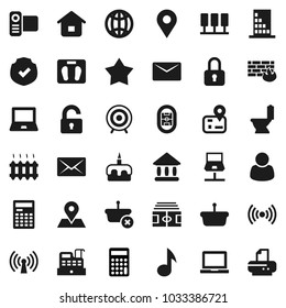 Flat vector icon set - toilet vector, cake, calculator, notebook pc, music, university, scales, stadium, target, navigator, map pin, protected, video camera, server, network, firewall, mail, globe