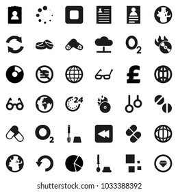 Flat vector icon set - toilet brush vector, glasses, world, personal information, pie graph, pound, pills, no fastfood, gymnast rings, oxygen, earth, music hit, stop button, backward, cloud network