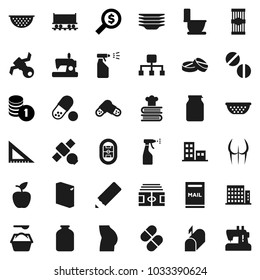 Flat vector icon set - toilet vector, washing powder, sprayer, plates, colander, cookbook, jar, pasta, pencil, corner ruler, apple fruit, coin stack, money search, stadium, buttocks, pills, mailbox