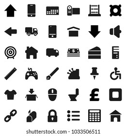 Flat vector icon set - toilet vector, cake, pen, ruler, abacus, calculator, target, arrow down, up, any currency, pound, t shirt, calendar, dry cargo, speaker, gamepad, mobile phone, thumbtack, home