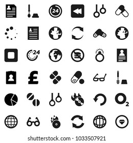 Flat vector icon set - toilet brush vector, glasses, world, personal information, pie graph, pound, pills, no fastfood, gymnast rings, oxygen, earth, music hit, stop button, backward, refresh, undo