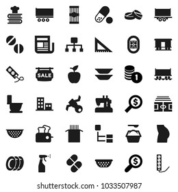 Flat vector icon set - toilet vector, washing powder, sprayer, plates, colander, cookbook, pasta, corner ruler, apple fruit, coin stack, money search, stadium, buttocks, pills, Railway carriage