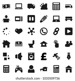 Flat vector icon set - toilet vector, pen, calculator, notebook pc, school bus, pound, satellitie, speaker, gamepad, remote control, touchscreen, social media, group, heart, play button, pause, home