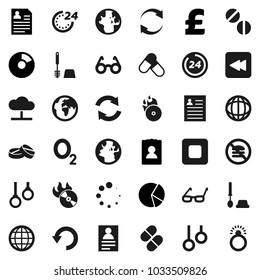 Flat vector icon set - toilet brush vector, glasses, world, personal information, pie graph, pound, pills, no fastfood, gymnast rings, oxygen, earth, music hit, stop button, backward, cloud network