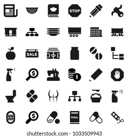 Flat vector icon set - toilet vector, washing powder, sprayer, plates, colander, cookbook, jar, pencil, apple fruit, coin stack, money search, hierarchy, stadium, buttocks, pills, Railway carriage