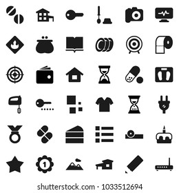 Flat vector icon set - toilet brush vector, paper, plates, cake, book, pencil, wallet, sand clock, scales, target, medal, pills, flammable, camera, eye doctor hat, diagnostic monitor, loading, house