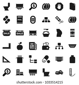 Flat vector icon set - toilet vector, washing powder, plates, colander, jar, pasta, corner ruler, apple fruit, money search, hierarchy, buttocks, pills, stadium, Railway carriage, truck trailer