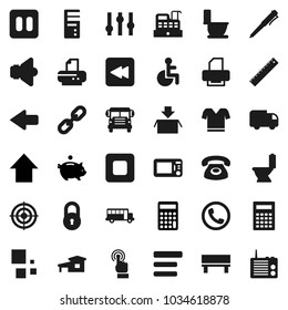 Flat vector icon set - toilet vector, ruler, pen, calculator, school bus, piggy bank, arrow up, t shirt, target, speaker, settings, touchscreen, pause button, stop, backward, disabled, menu, bench