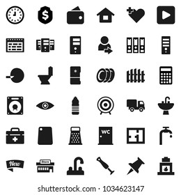 Flat vector icon set - toilet vector, water closet, sink, tap, cutting board, grater, plates, schedule, calculator, clock, binder, dollar shield, target, bottle, thumbtack, play button, doctor bag