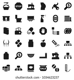 Flat vector icon set - toilet vector, washing powder, sprayer, colander, cookbook, plates, jar, corner ruler, apple fruit, coin stack, money search, hierarchy, buttocks, pills, stadium, satellite